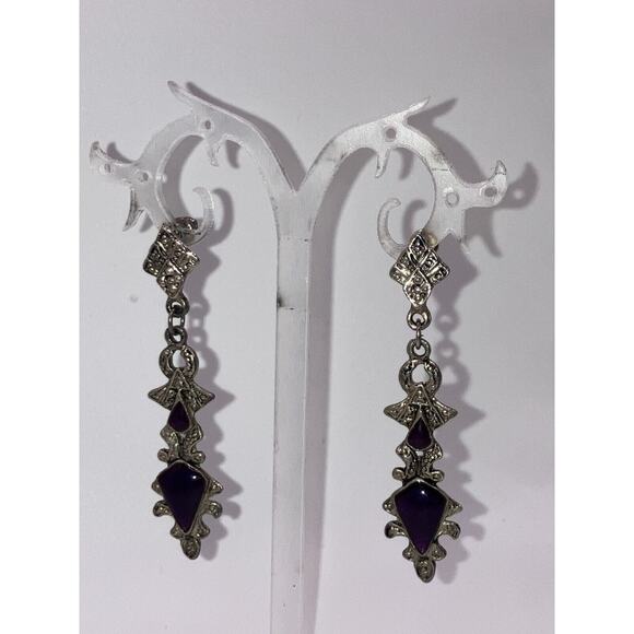 Purple Silver-Tone Art Nouveau Marcasite Drop 2.5" Earrings! - Picture 6 of 12